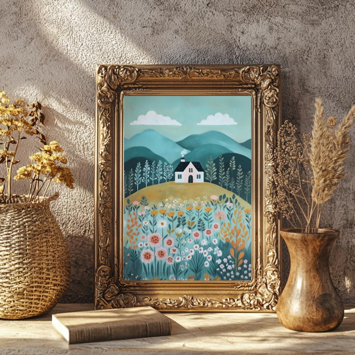 Cozy Little Cottage on Green Hill Among Wildflowers Folk Art Poster - Image 3