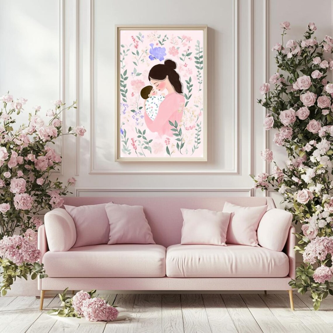 Sweet Mother Kissing Baby Among Wildflowers Pink Floral Art Poster - Image 3