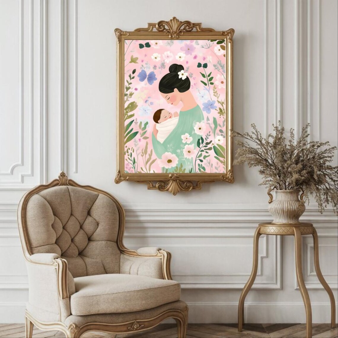 Tender Mother Kissing Newborn Amid Pastel Floral Nursery Art Poster - Image 2