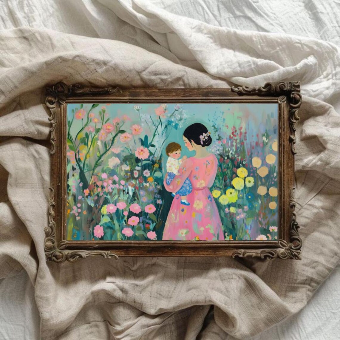 Loving Mother Holding Toddler in Blooming Wildflower Garden Art Poster - Image 4
