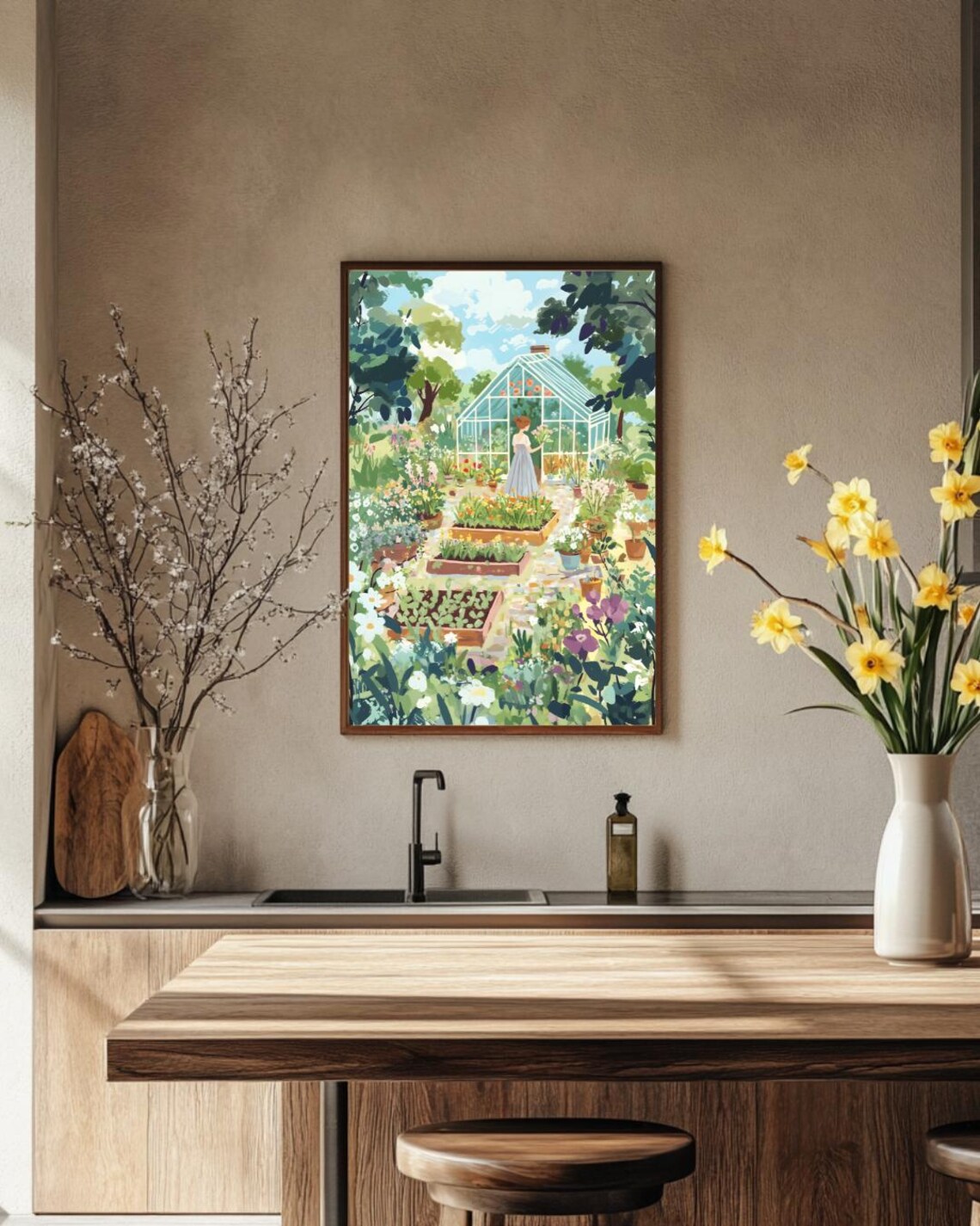 Lovely Woman Picking Flowers in a Greenhouse Garden Art Poster - Image 3