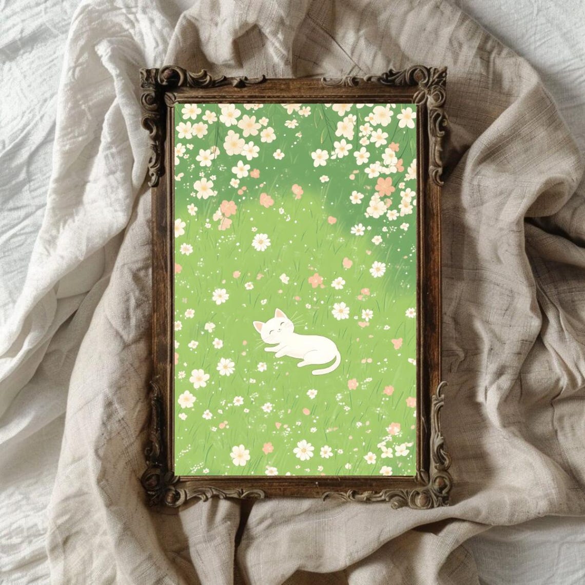 Sleeping White Kitten in Wildflower Meadow Cottagecore Cat Art Poster - Image 2