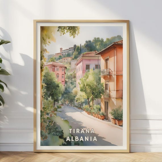 Tirana Albania Travel Poster, Mediterranean Urban Landscape