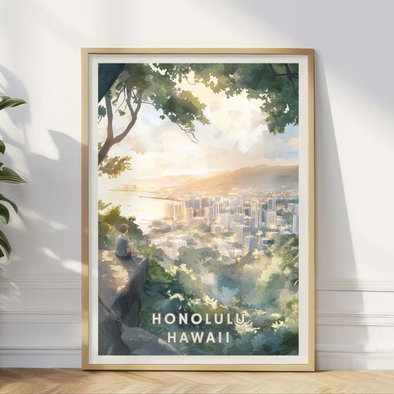 Honolulu Hawaii Skyline Poster Oahu Overlook Wall Art Tropical City View Print Sunset Mountain Scene Hawaii Travel Decor Beach Home Art