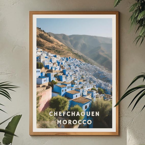 Chefchaouen Morocco Poster Blue City Wall Art Moroccan Travel Print Africa Landscape Decor Rif Mountains Travel Art Moroccan Home Decor