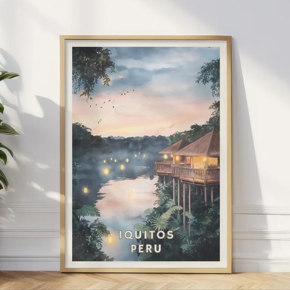 Iquitos Peru Poster Amazon Rainforest Lodge Print Jungle River Sunset Art South America Travel Decor Exotic Nature Wall Art