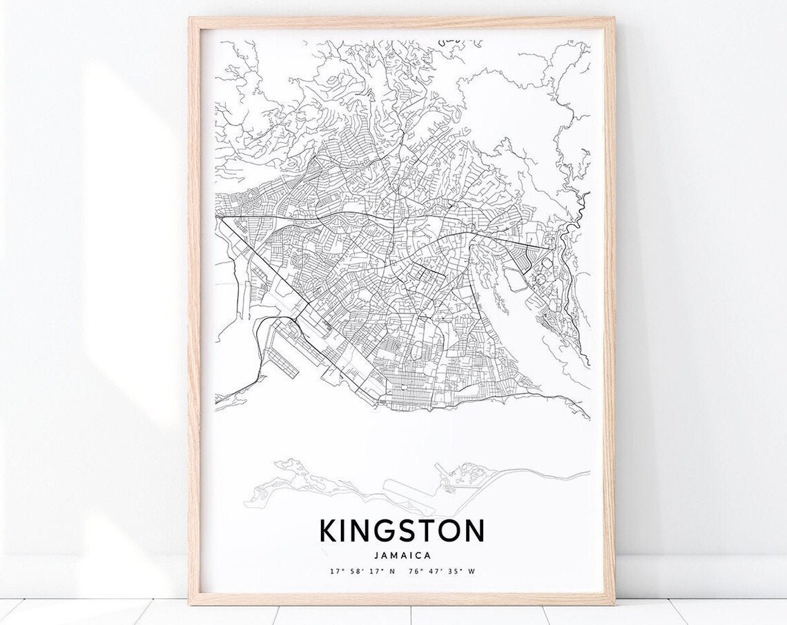 Kingston Jamaica City Street Map Black and White Minimalist Poster