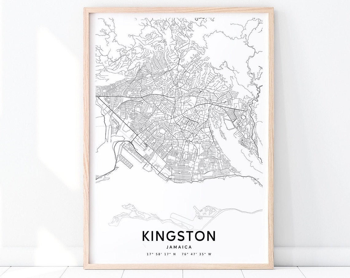Kingston Map Print Jamaica Art Poster City Street Road Black White Modern Wall Office Decor