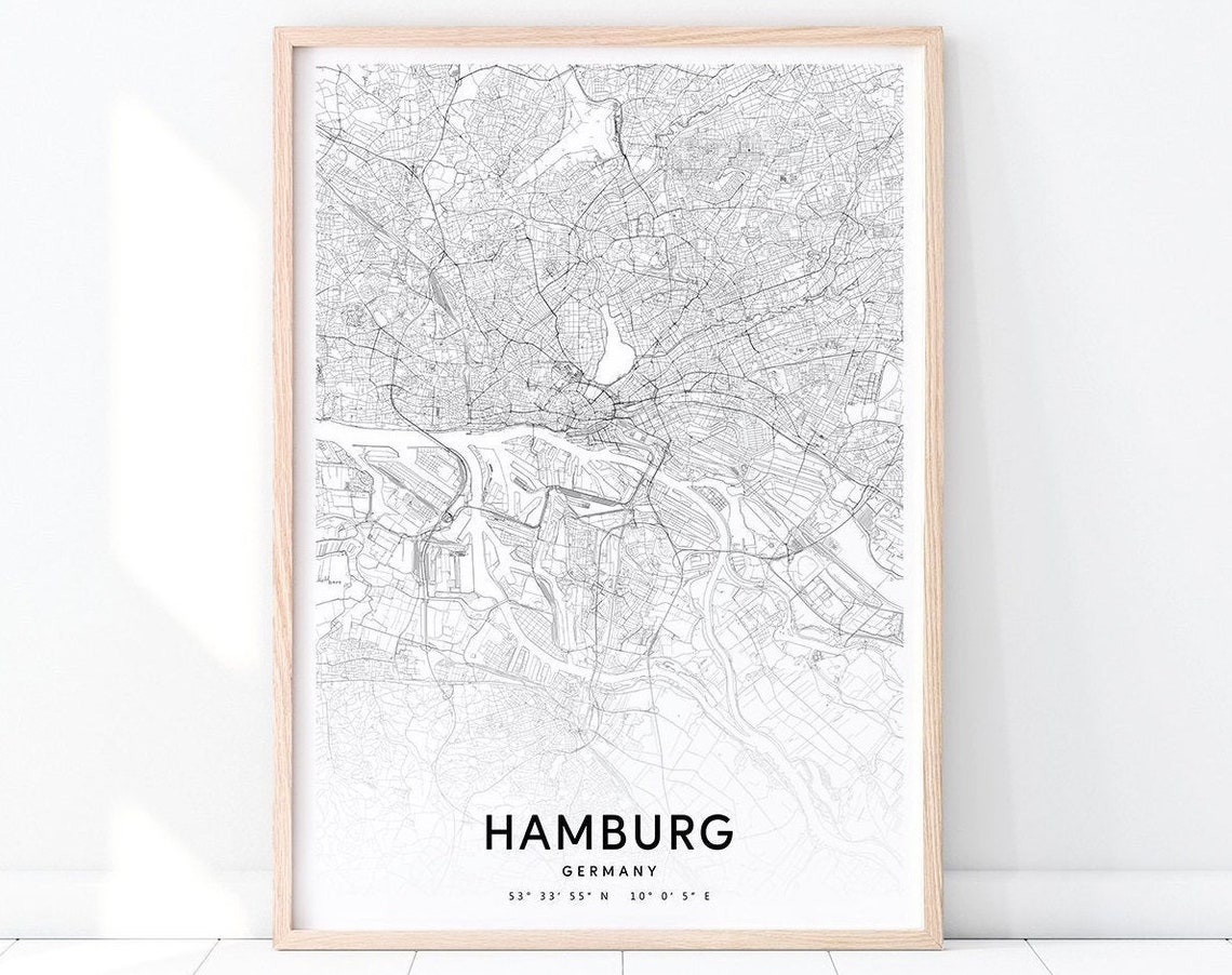 Hamburg Map Print Germany Art Poster City Street Black And White Modern Wall Home Office Decor