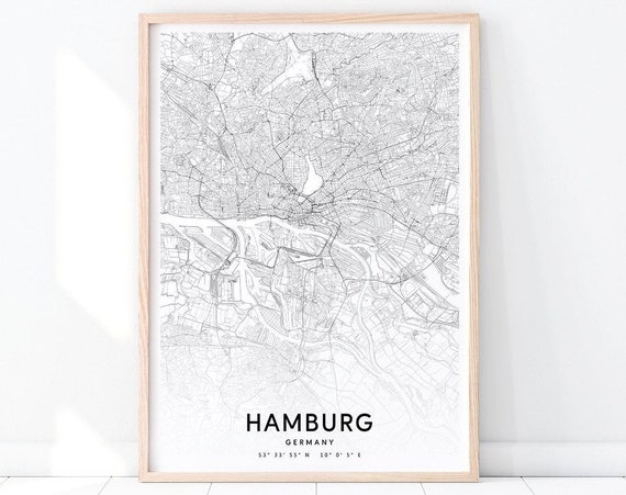 Hamburg Map Print Germany Art Poster City Street Black And White Modern Wall Home Office Decor