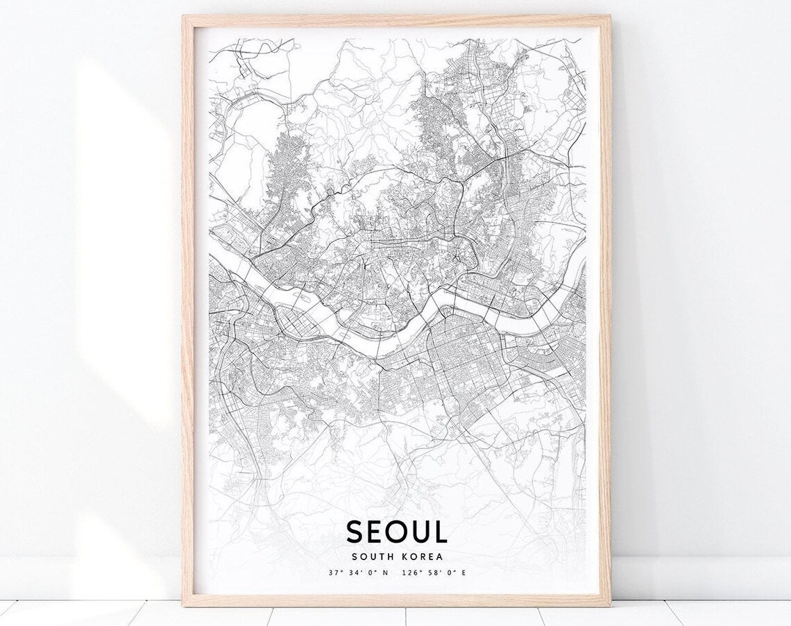 Seoul South Korea City Map Black And White Minimalist Street Poster