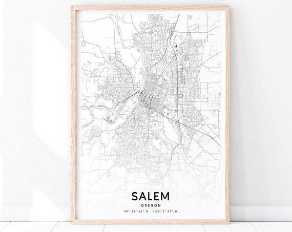 Salem Map Print Oregon Art Poster City Street Road Black White Modern Wall Home Office Decor