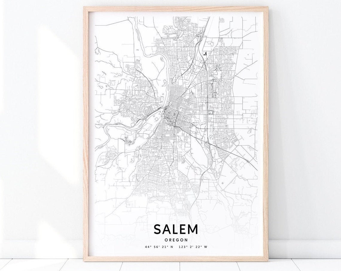 Salem Map Print Oregon Art Poster City Street Road Black White Modern Wall Home Office Decor