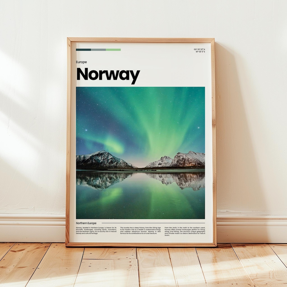 Norway Northern Lights Snowy Peaks Lake Reflection Photo Poster