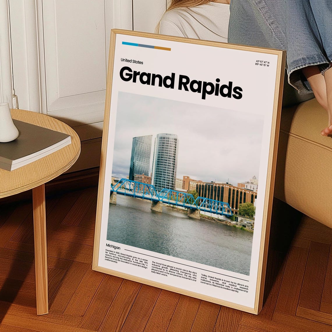 Grand Rapids Blue Bridge River Michigan Bright Travel Poster - Image 3