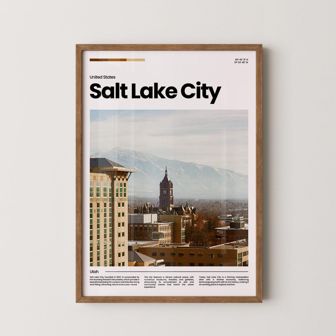 Salt Lake City Travel Poster Salt Lake City Poster Salt Lake City Photo Poster Salt Lake City Art Print Utah Poster Travel Gift