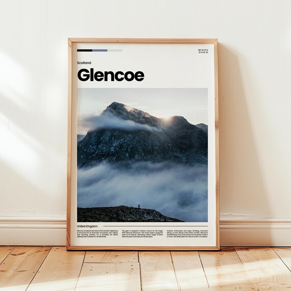 Glencoe Scotland Misty Mountain Peak Dramatic Landscape Travel Poster