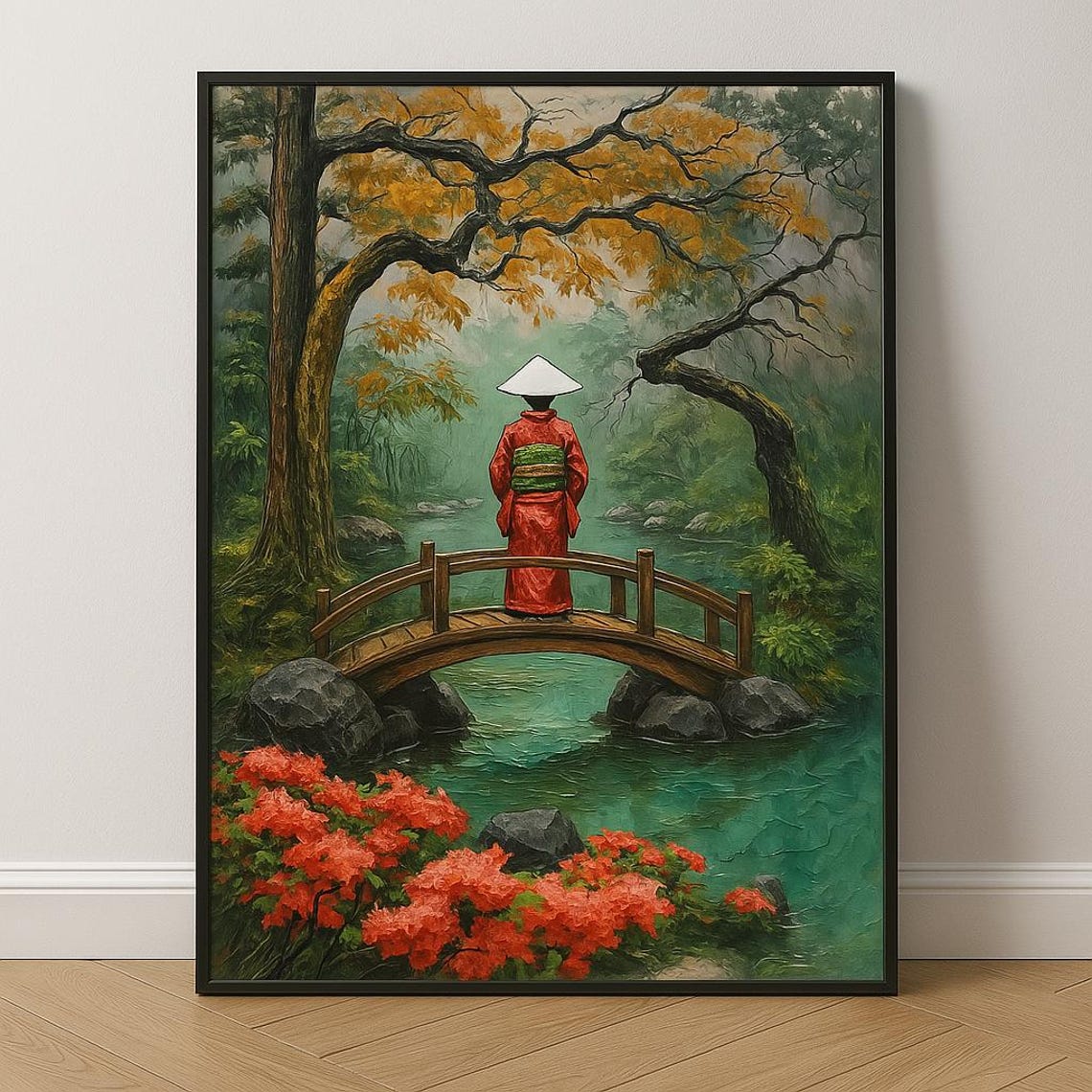Japanese Garden Geisha on Wooden Bridge, Zen Decor - Image 2