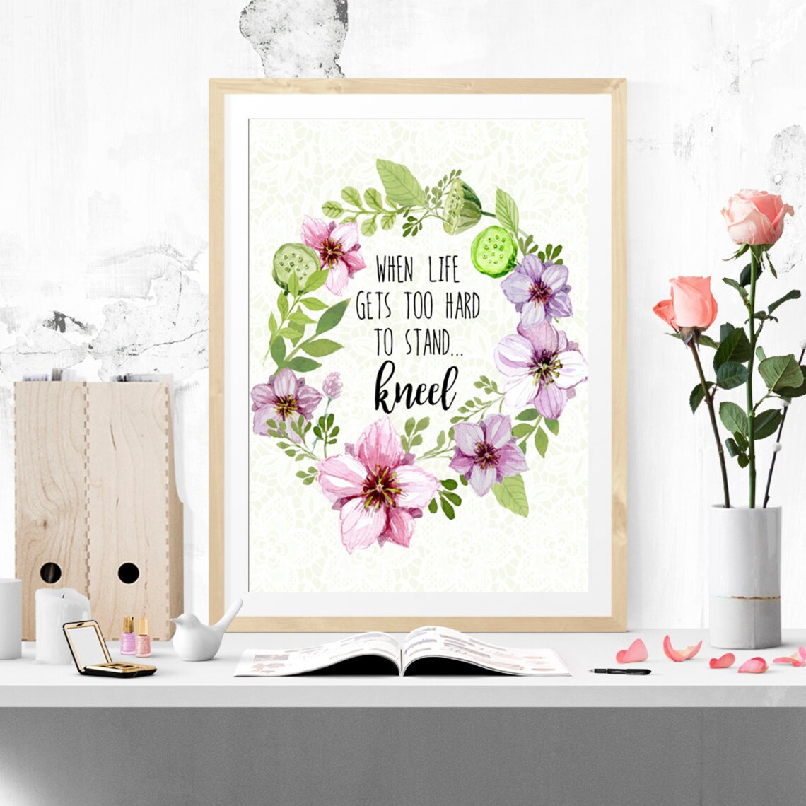 When Life Gets Too Hard To Stand Kneel Floral Prayer Watercolor Poster - Image 5