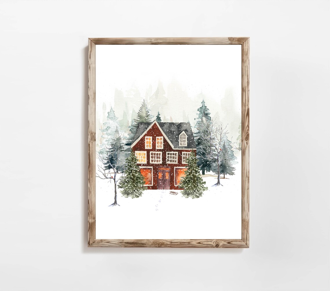 Red Winter House Glowing Windows Watercolor Snowy Christmas Scene Poster - Image 9