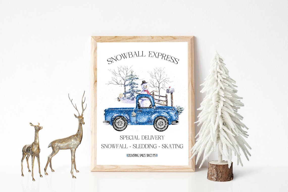 Snowball Express Blue Truck Snowman Special Delivery Winter Vintage Poster - Image 2