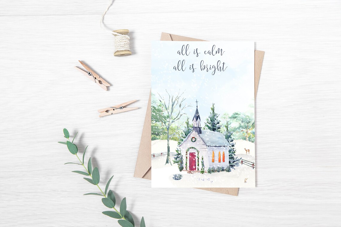 All Is Calm All Is Bright Christmas Wall Art 5x7 8x10 11x14 16x20 Holiday Decor Watercolor Christmas Diy Decor Country Church Sign - Image 3