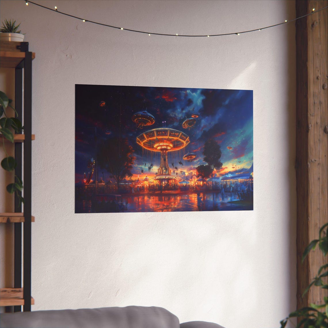 Night Carnival with Flying Saucers Glow Retro Futuristic Fair Poster - Image 2