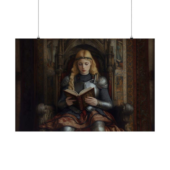 Knight Reading Maximalist Eclectic Victorian Poster Print Bold Altered Vintage Portrait Fantasy Fun Colorful Renaissance Rustic Art