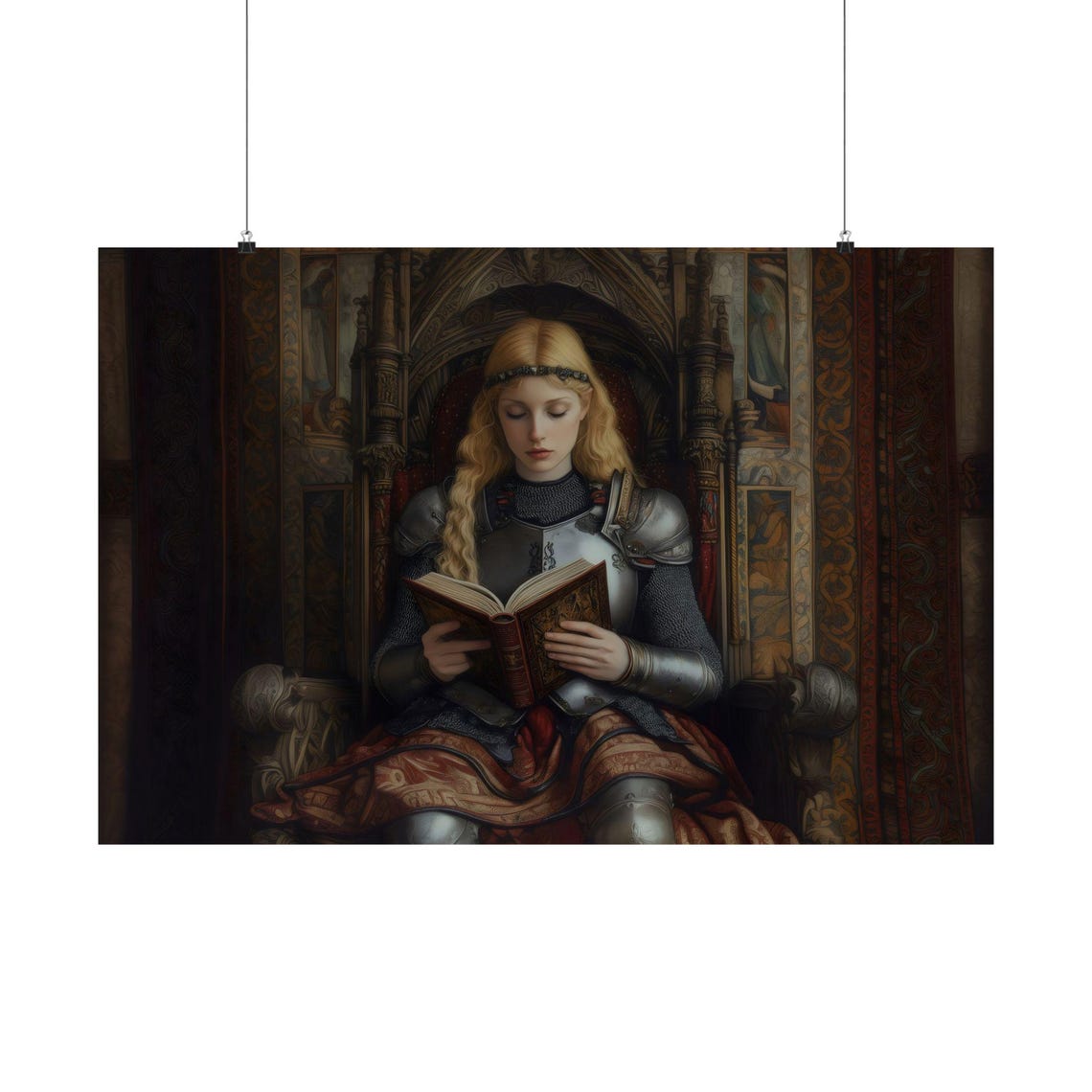 Warrior Maiden Reading On A Carved Throne Dark Fantasy Wall Art