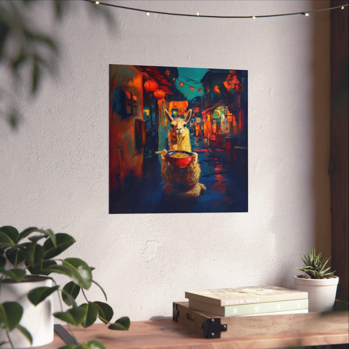 Whimsical Llama Slurping Ramen in a Lantern Lit Alley Poster - Image 2