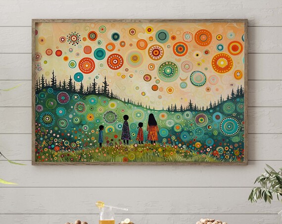 Children Playing Art Print, Green Meadow Landscape