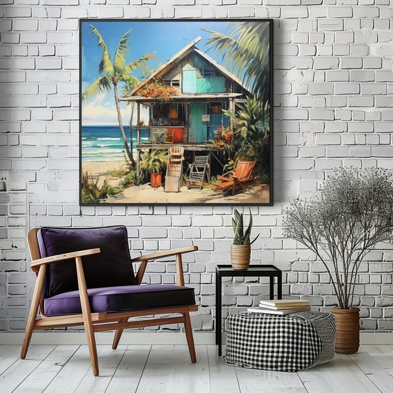 Bohemian Surf Shack Wall Decor Ready To Hang Black Framed Colorful Scenery Wall Art Living Room Print Art Beach Painting Art