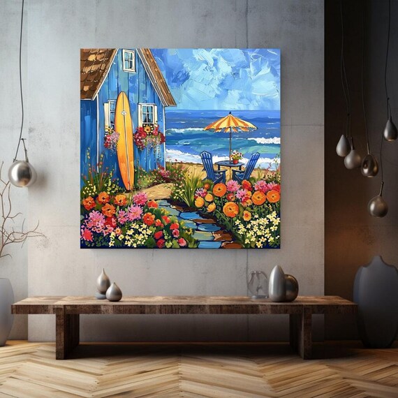 Colorful Beach Cottage Surfboard Umbrella Flowers Seaside Coastal Art Print