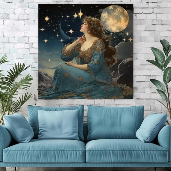 Celestial Moon Goddess Art Nouveau Woman Stars Gold Moon Art Print