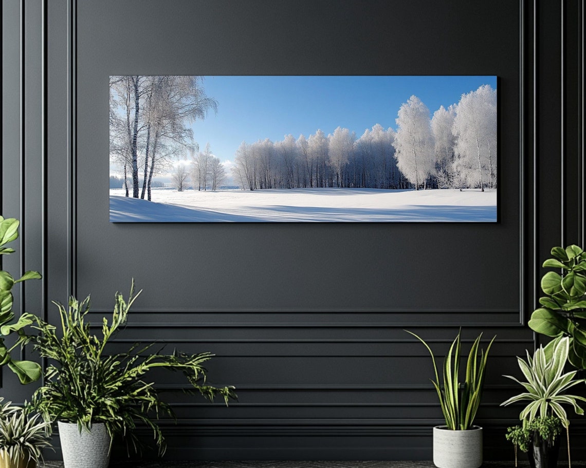 Winter Birch Forest Frost Snow Field Blue Sky Panoramic Nature Poster