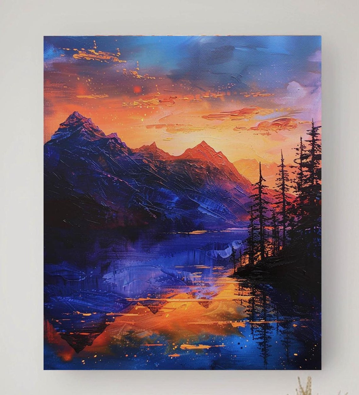 Abstract Mountain Sunset Lake Reflection Vivid Impasto Art Poster