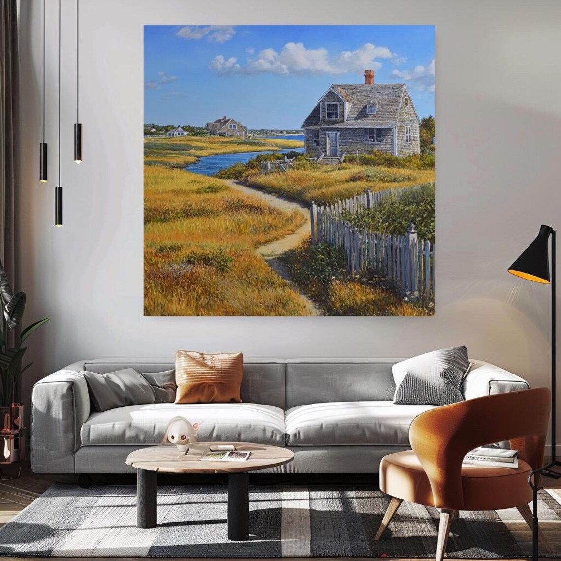 Coastal Cottage Golden Marsh Grass Path Fence Seaside Landscape Poster