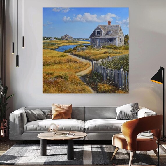 Coastal Cottage Golden Marsh Grass Path Fence Seaside Landscape Poster
