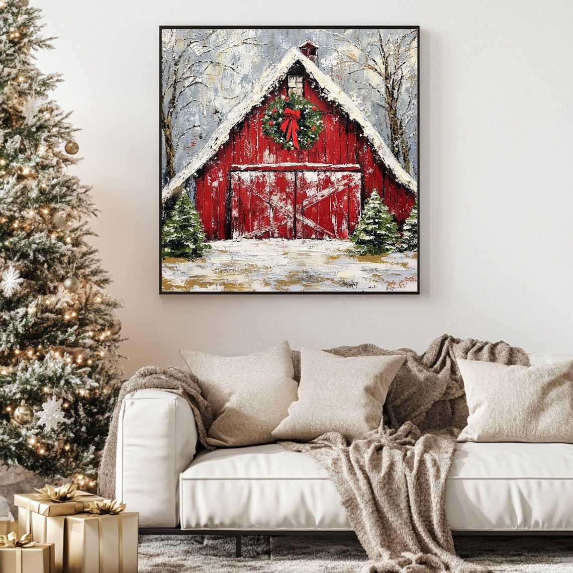 Red Christmas Barn Snowy Wreath Festive Holiday Farm Print Poster