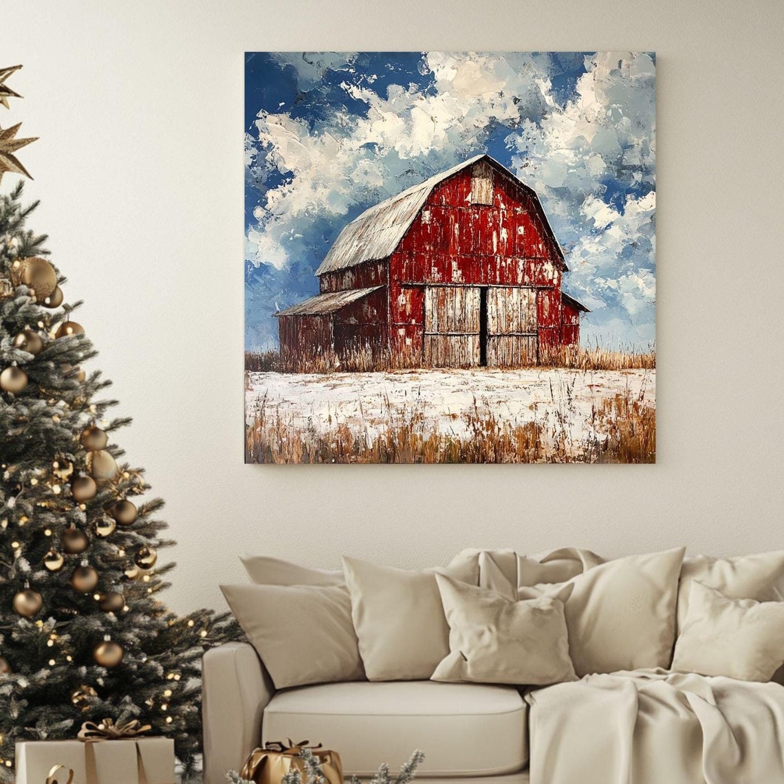Rustic Red Barn Snowy Field Dramatic Cloudy Winter Sky Art Poster