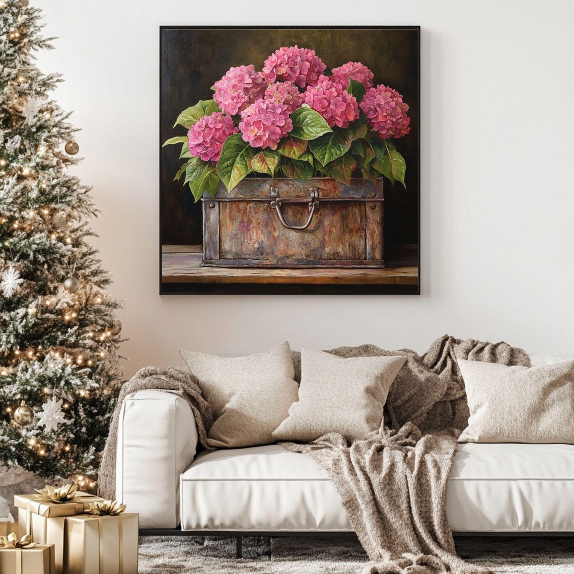 Pink Hydrangeas In Vintage Tin Box Rustic Floral Still Life Poster