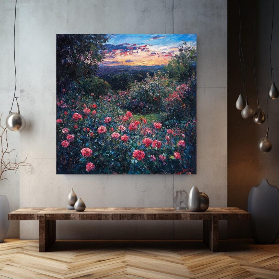 Rose Garden At Sunset Blooming Pink Roses Dramatic Sky Floral Poster