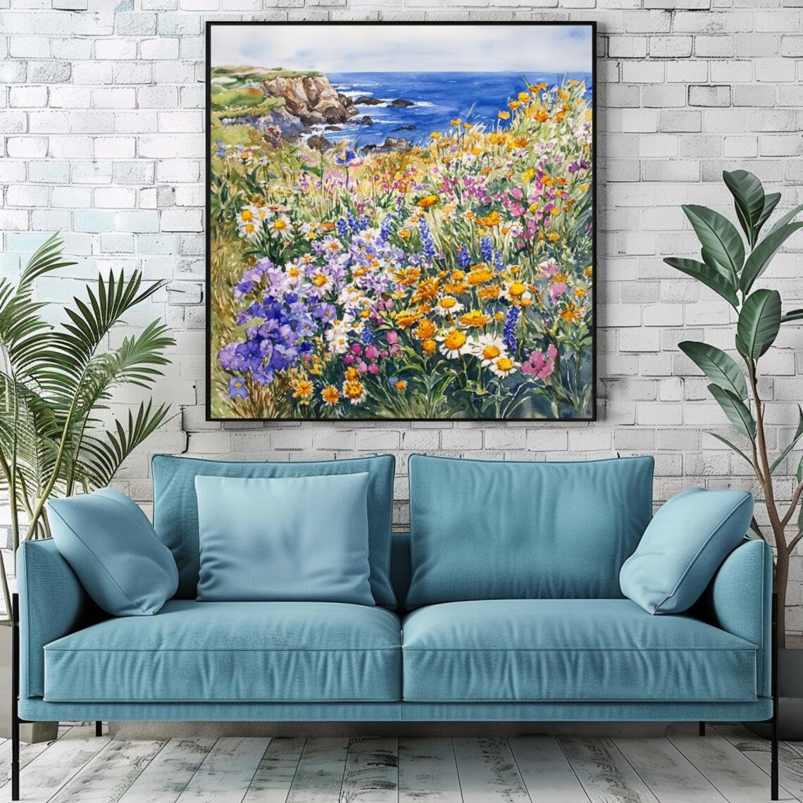 Coastal Wildflower Meadow Ocean Cliff View Watercolor Art Print