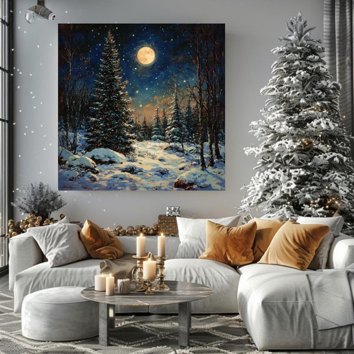 Moonlit Snowy Pine Forest Glowing Full Moon Winter Night Art Poster