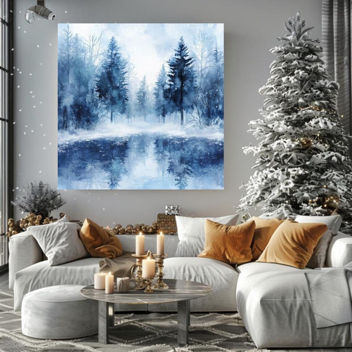 Blue Winter Forest Lake Reflection Watercolor Serene Art Poster
