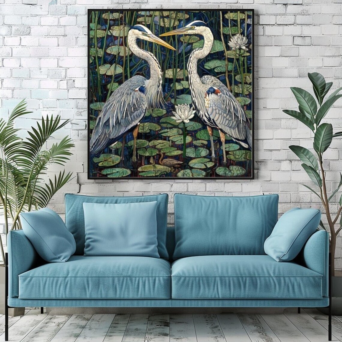 Herons, William Morris Style Vintage Art Print