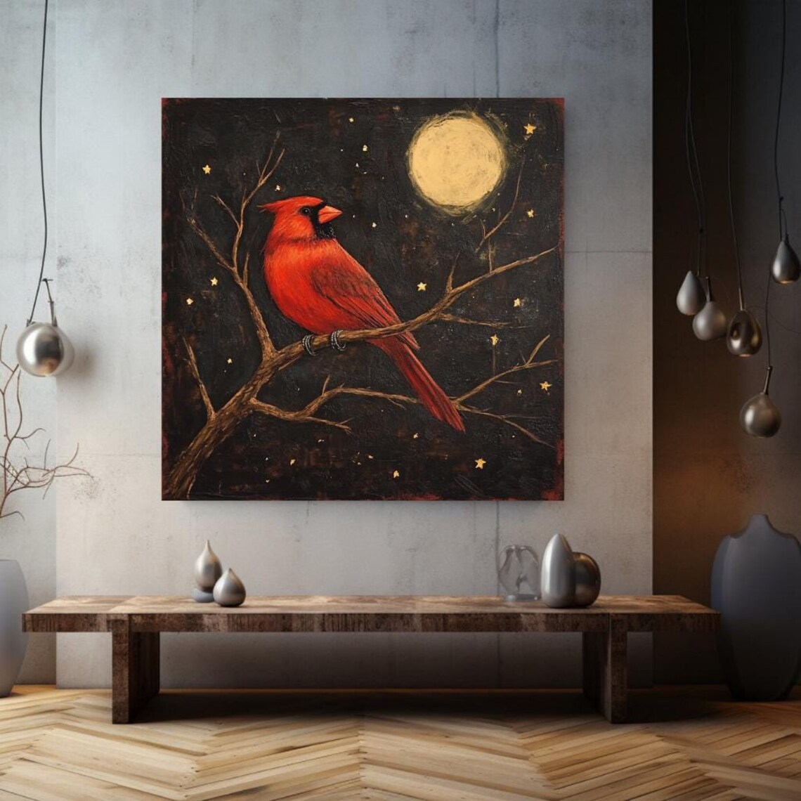 Red Cardinal On Branch Golden Moon Starry Night Bird Art Poster