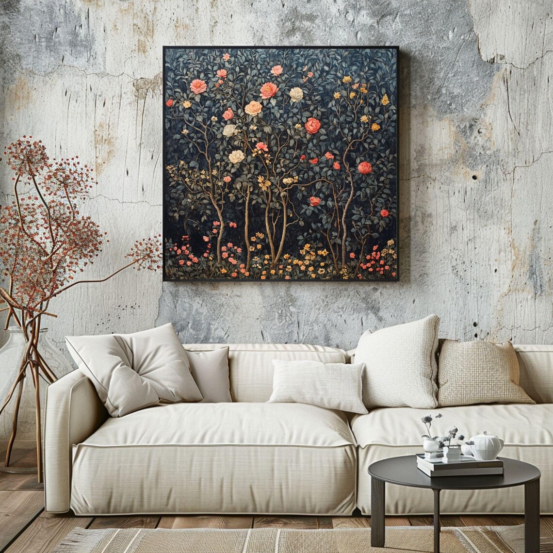 Vintage Moonlit Rose Garden Dark Botanical Night Tapestry Art Print
