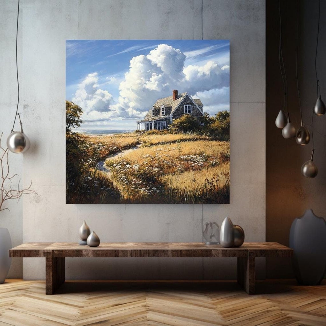 Shingled Coastal Cottage On Golden Dunes Cloudy Sky Ocean Path Poster