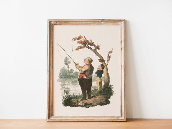 Fisherman Wall Print Vintage Fishing Art French Funny Gift For Dad Outdoors Retro Cabin Sports
